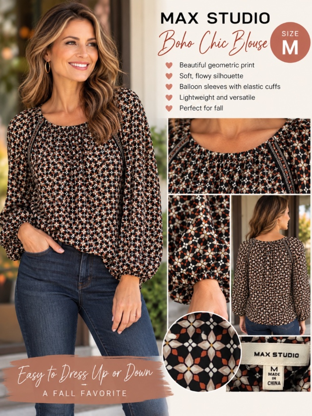 Max Studio Geometric Print Peasant Blouse Balloon Sleeves Size M